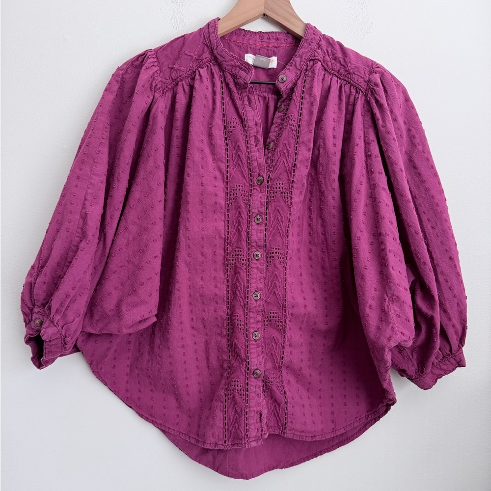 Pilcro Anthropologie Tavi Button Down Blouse Purple Swiss Dots Womens XS